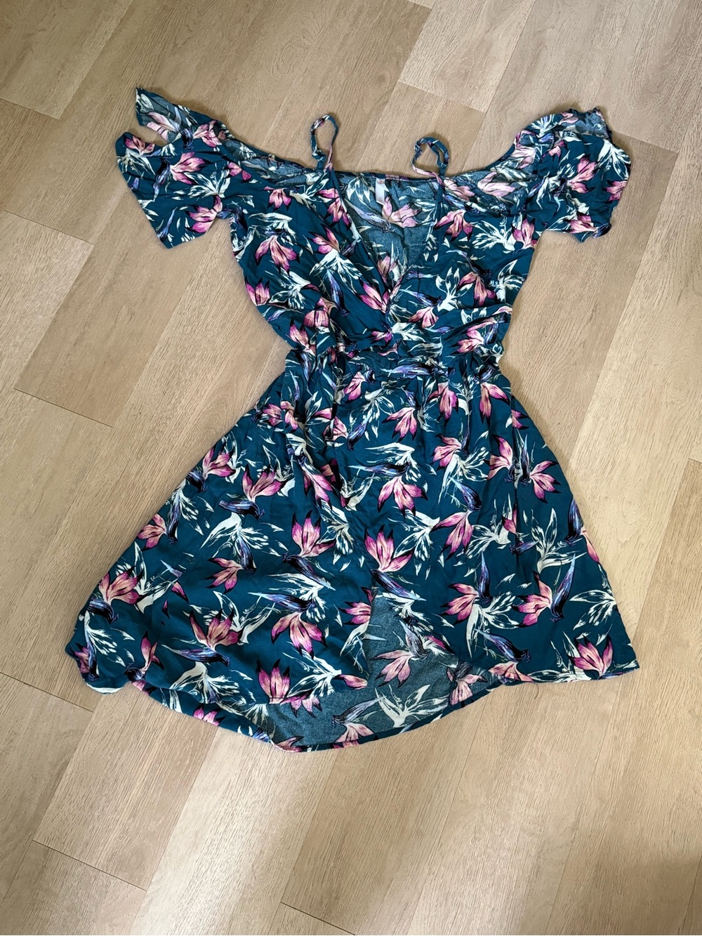 Floral Off-Shoulder Teal Sundress with Pink Bloom Print